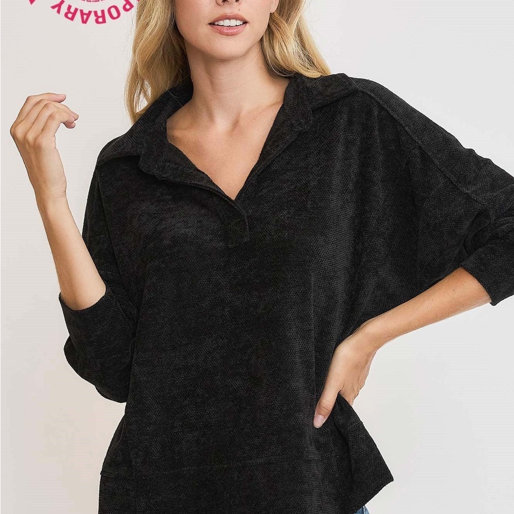 Umgee Black V-Neck Cozy Pullover Hoodie